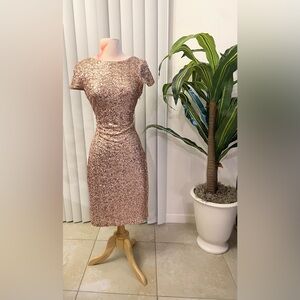 Badgley Mischka Sparkling Sequin Midi Dress in Rose Gold